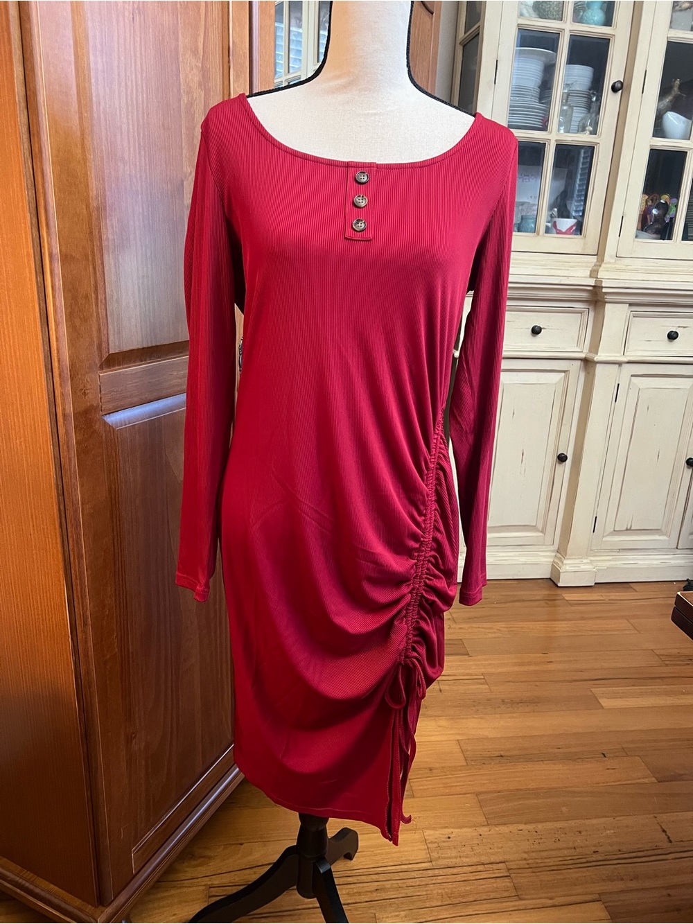 Allegra K Burgundy Long Sleeve Side-Ruched Dress with Button Placket